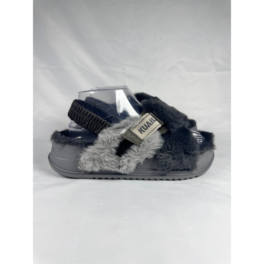 KuaiLu Womens US 8 Slippers Black Fuzzy Faux Fur Criss Cross Slingback Platform